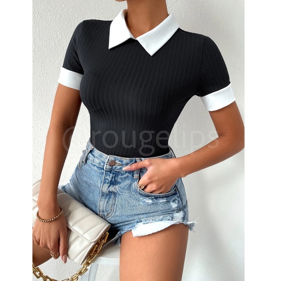 Contrast White Collar Black Rib-Knit Short Sleeve Bodysuit - Picture 3 of 8